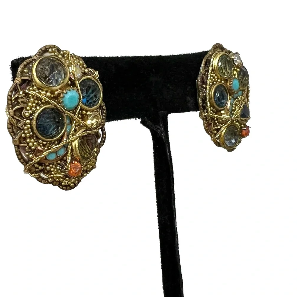 VINTAGE BLUE & TURQUOISE CRYSTAL & MIXED MEDIA ARTISTIC EARRINGS
